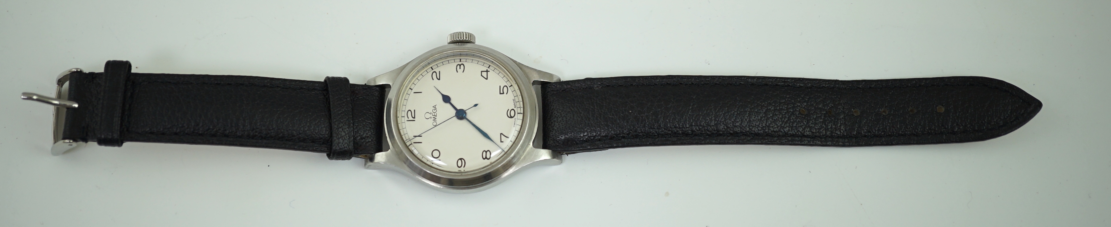 A gentleman's 1956 stainless steel British Military Issue Omega RAF Pilot's manual wind white dial wrist watch